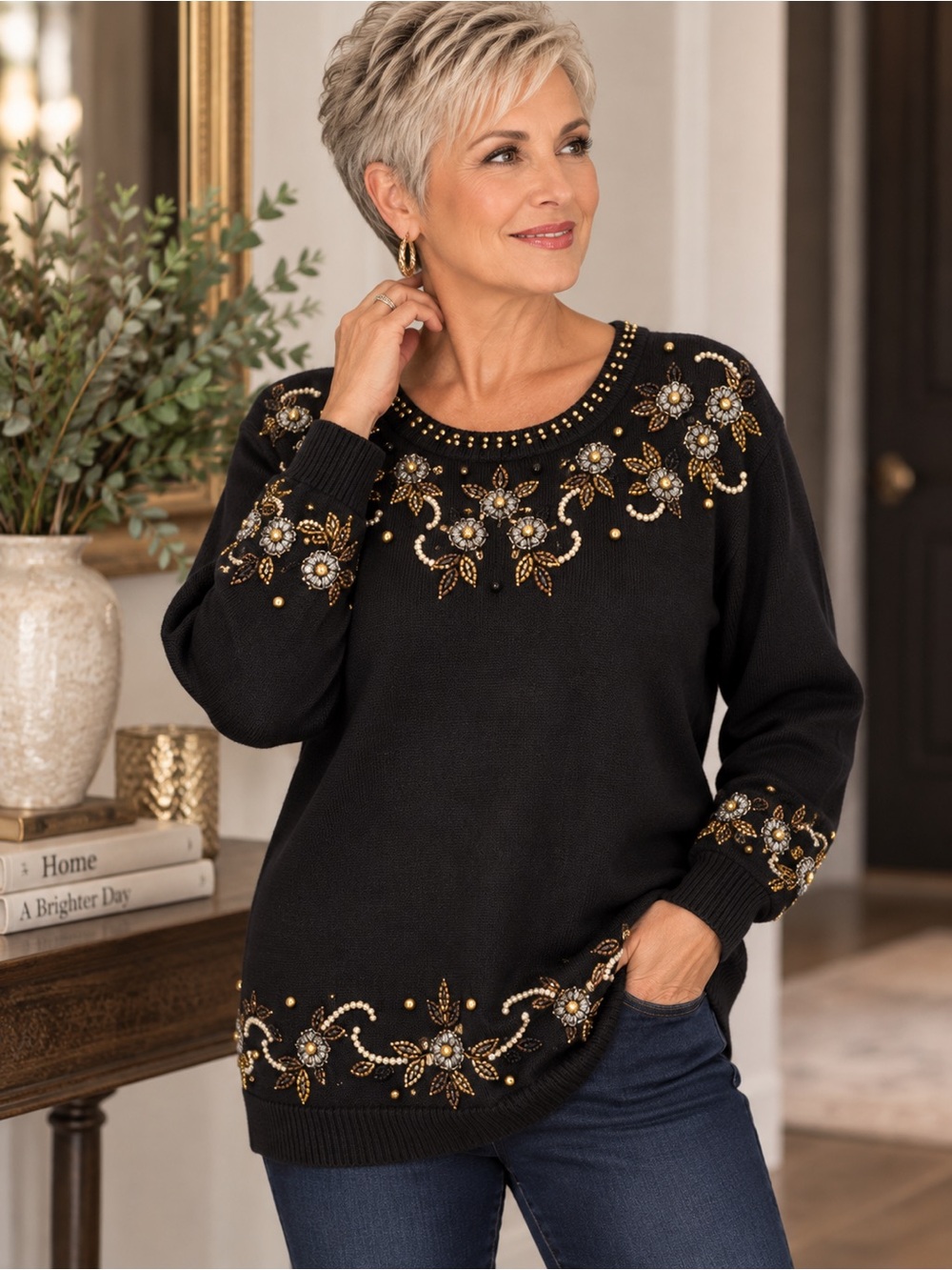 𝘿𝙖𝙣𝙖 𝙎𝙘𝙤𝙩𝙩 Sweater Black Beaded Floral Embellished Medium Gold Silver